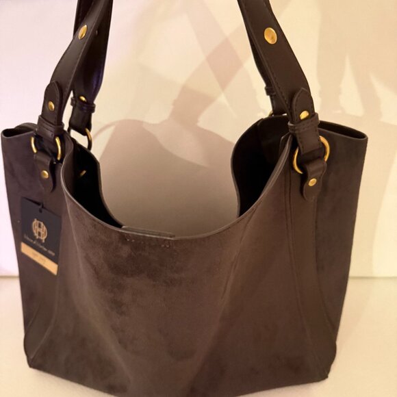 NWT HOUSE OF HARLOW 1960 LUXE TOTE SHOULDER BAG HOBO CARD CASE BROWN FAUX SUEDE - Picture 8 of 8